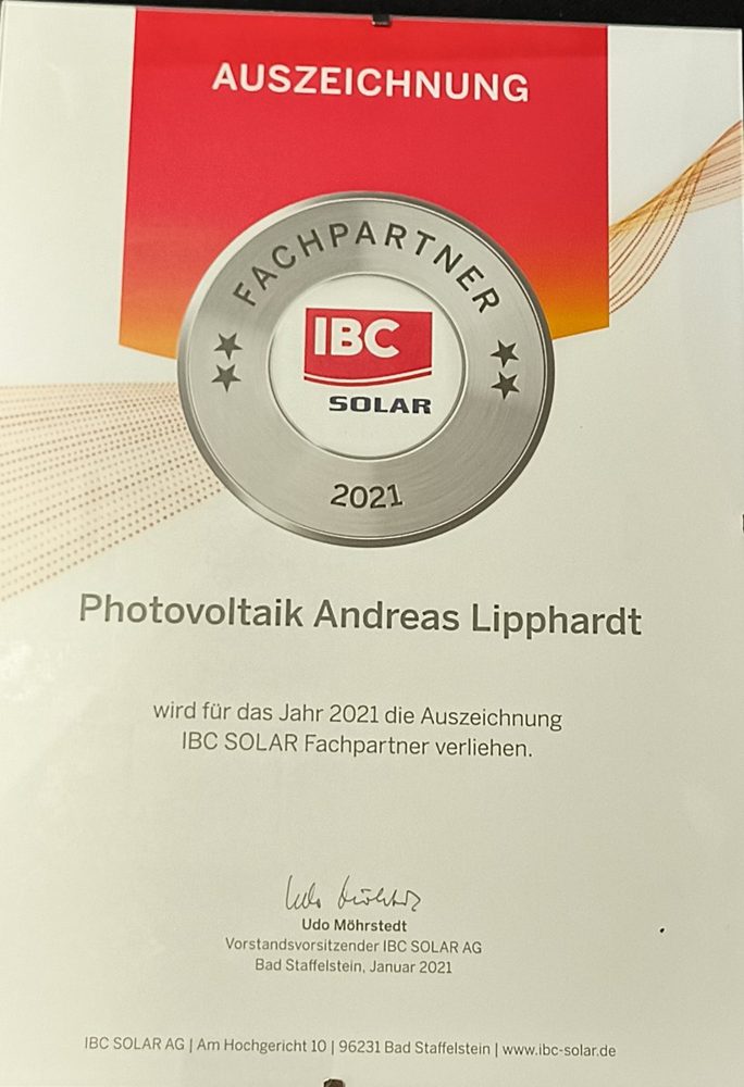 Urkunde: Auszeichnung IBC SOLAR Fachpartner 2021 für Photovoltaik Andreas Lipphardt